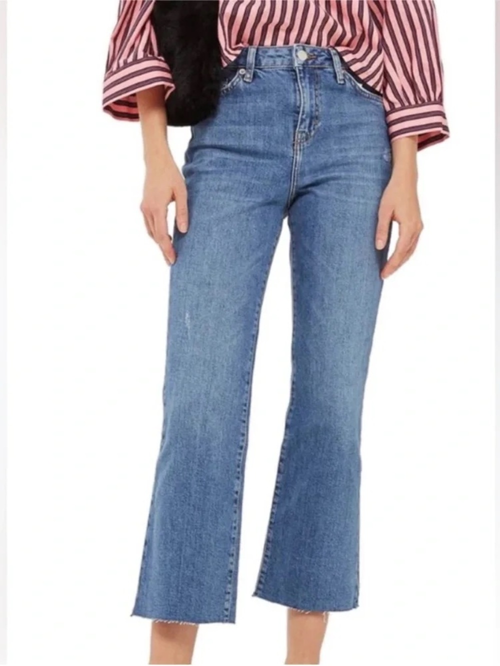 Topshop Moto (26) Dree Cropped Flare Jeans Medium Wash Fray Hem High Rise